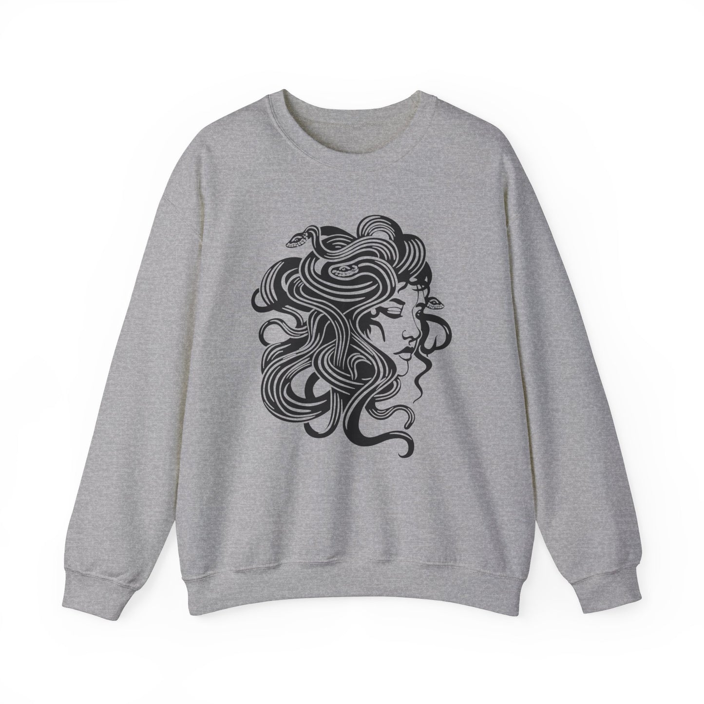Medusa Women's Crewneck Sweatshirt - Minimalistic Print, AI Made Cool Artsy Design, Dark Style Edgy, Long Sleeve Medusa Snake Design