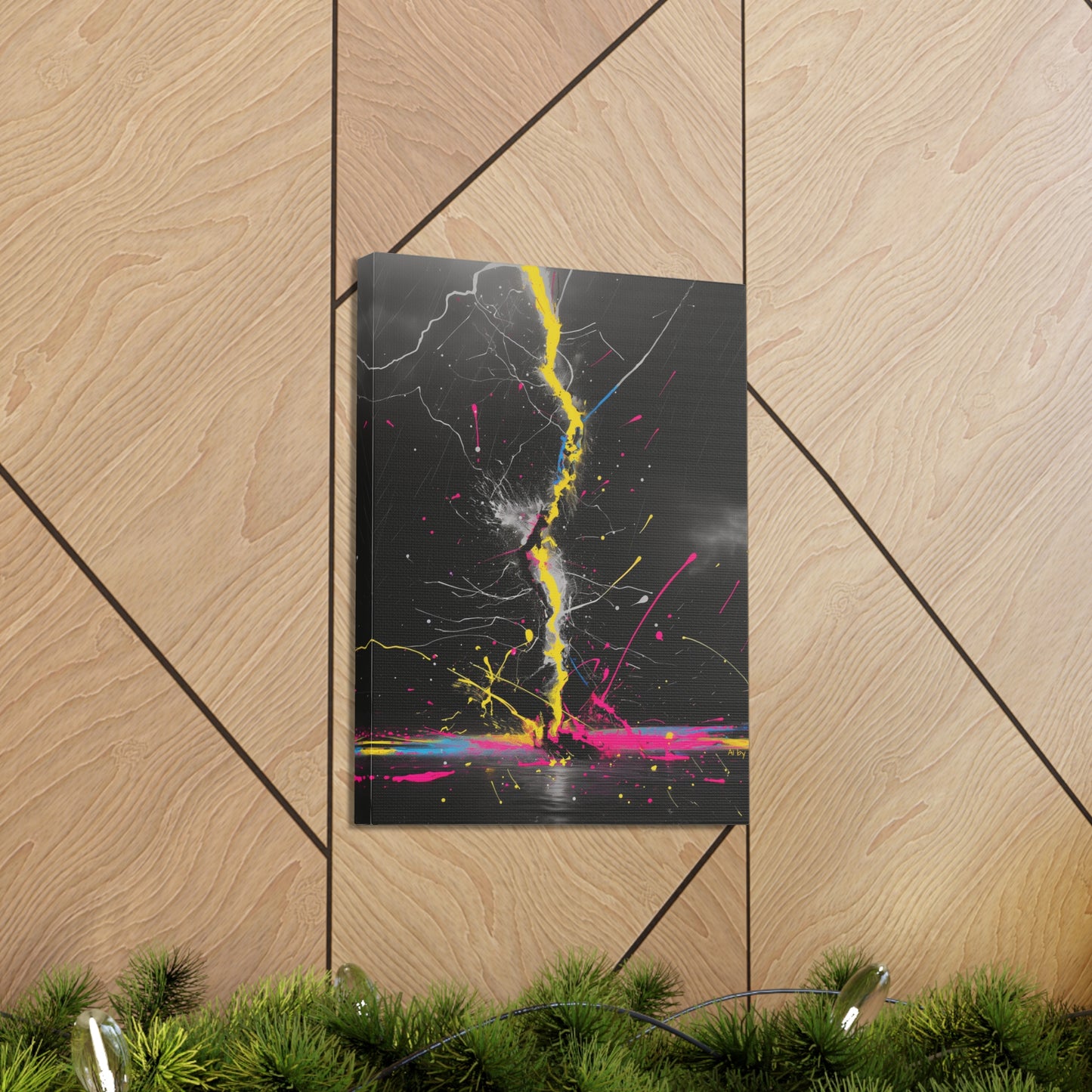 Neon Lightning Bolt Abstract Wall Art - Colorful Paint Splatter, Canvas Explosion Vivid Painting, Canvas Gallery Wraps, Canvas Stretched