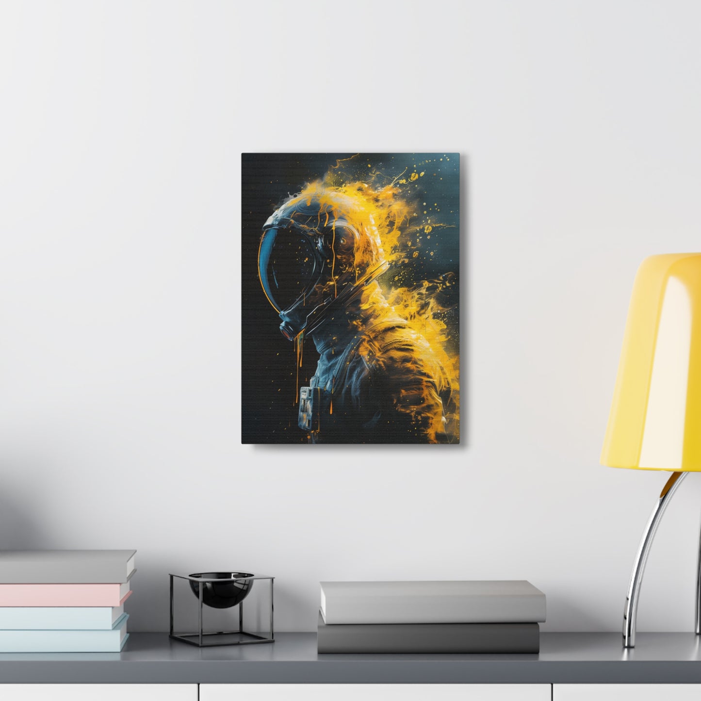 Abstract Wall Art - Black and Gold Spaceman Fire Painting, Canvas Gallery Wraps, Canvas Stretched, Melting Astronaut