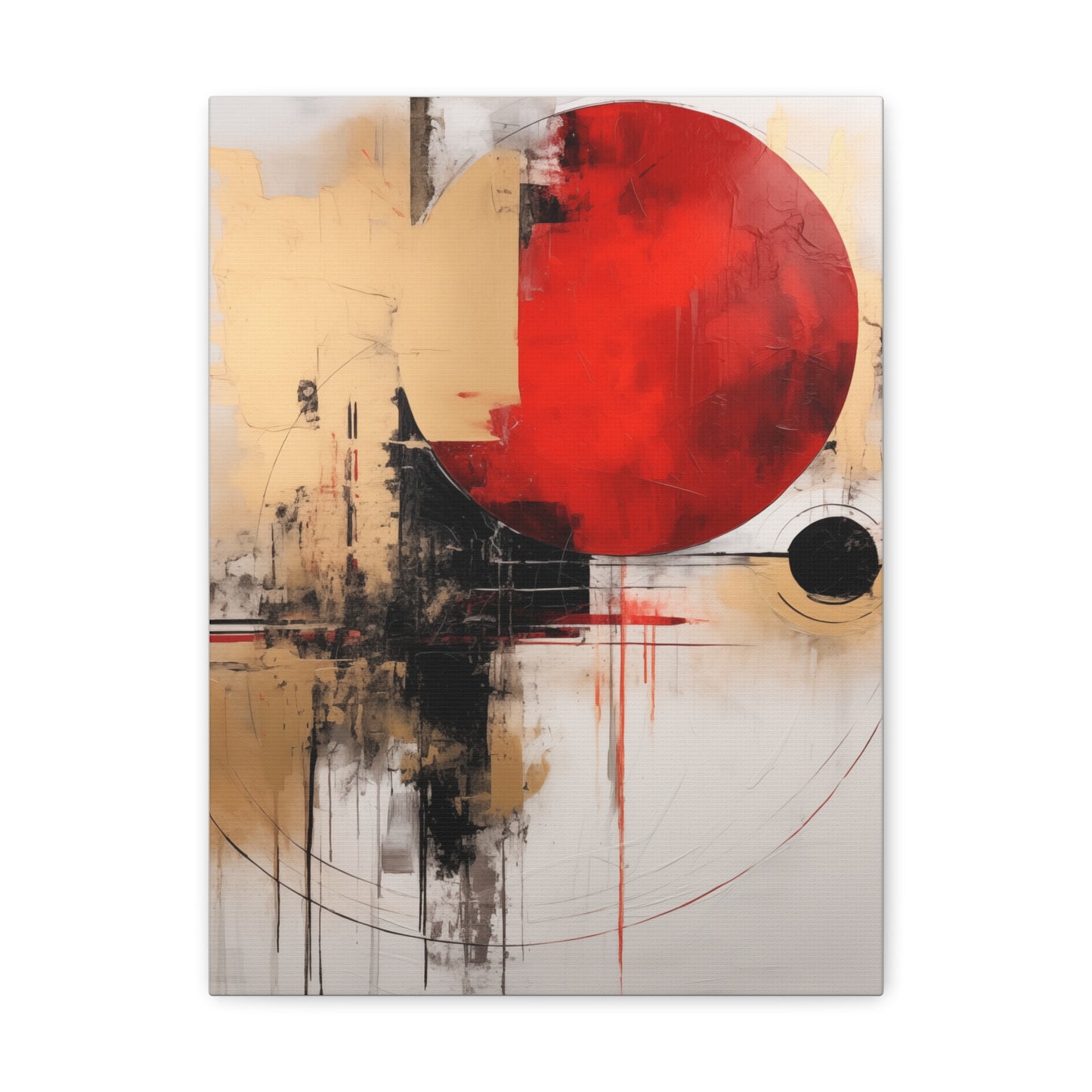 Abstract Wall Art - Black and Gold Red Sun Painting, Canvas Gallery Wraps, Canvas Stretched