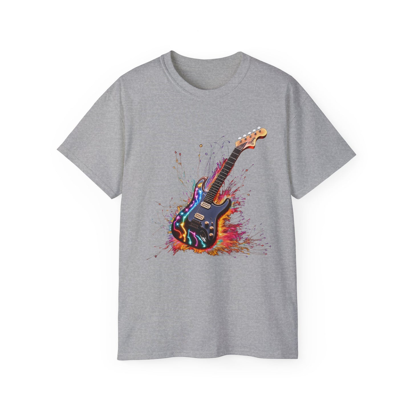 Guitar Exploding Firework of Colors Unisex Ultra Cotton Tee T-shirt Gibson Short Sleeve tshirt Artistic AI Made Cool Design Dark Style Edgy