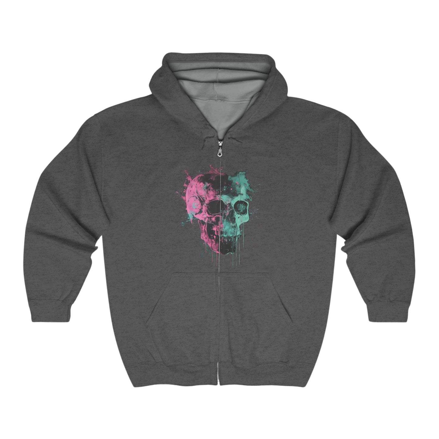 Skull zip up Unisex Heavy Blend Full Zip Hooded Sweatshirt hoodie Trippy Watercolor Long Sleeve Tee, Dripping AI Made Design Dark Style Edgy