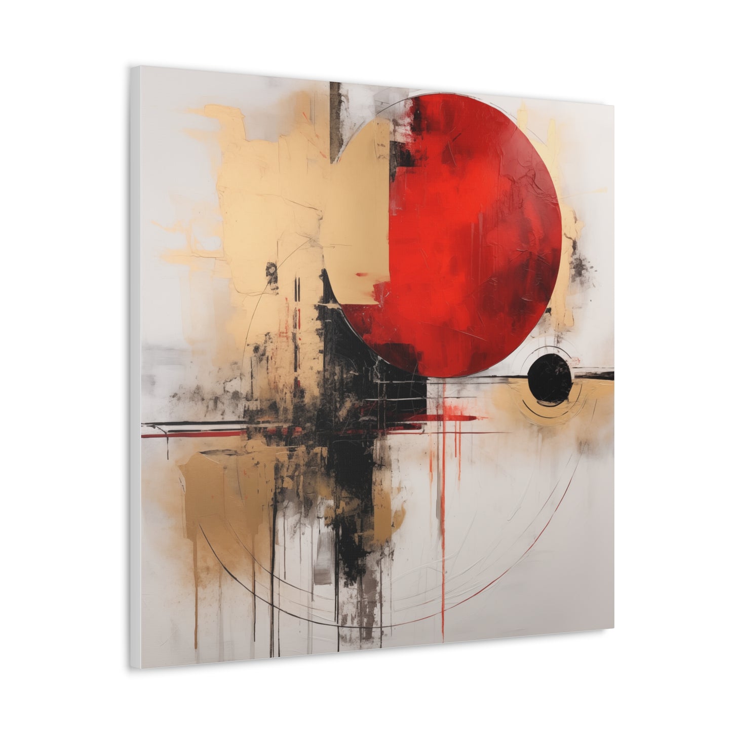 Abstract Wall Art - Black and Gold Red Sun Painting, Canvas Gallery Wraps, Canvas Stretched