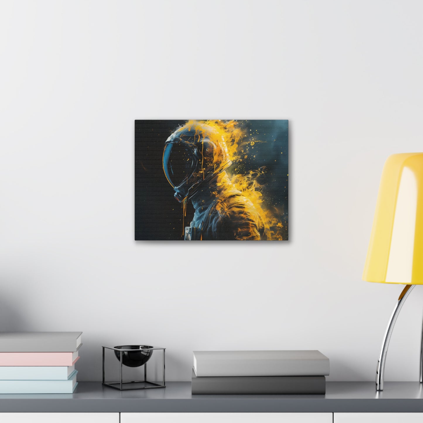 Abstract Wall Art - Black and Gold Spaceman Fire Painting, Canvas Gallery Wraps, Canvas Stretched, Melting Astronaut