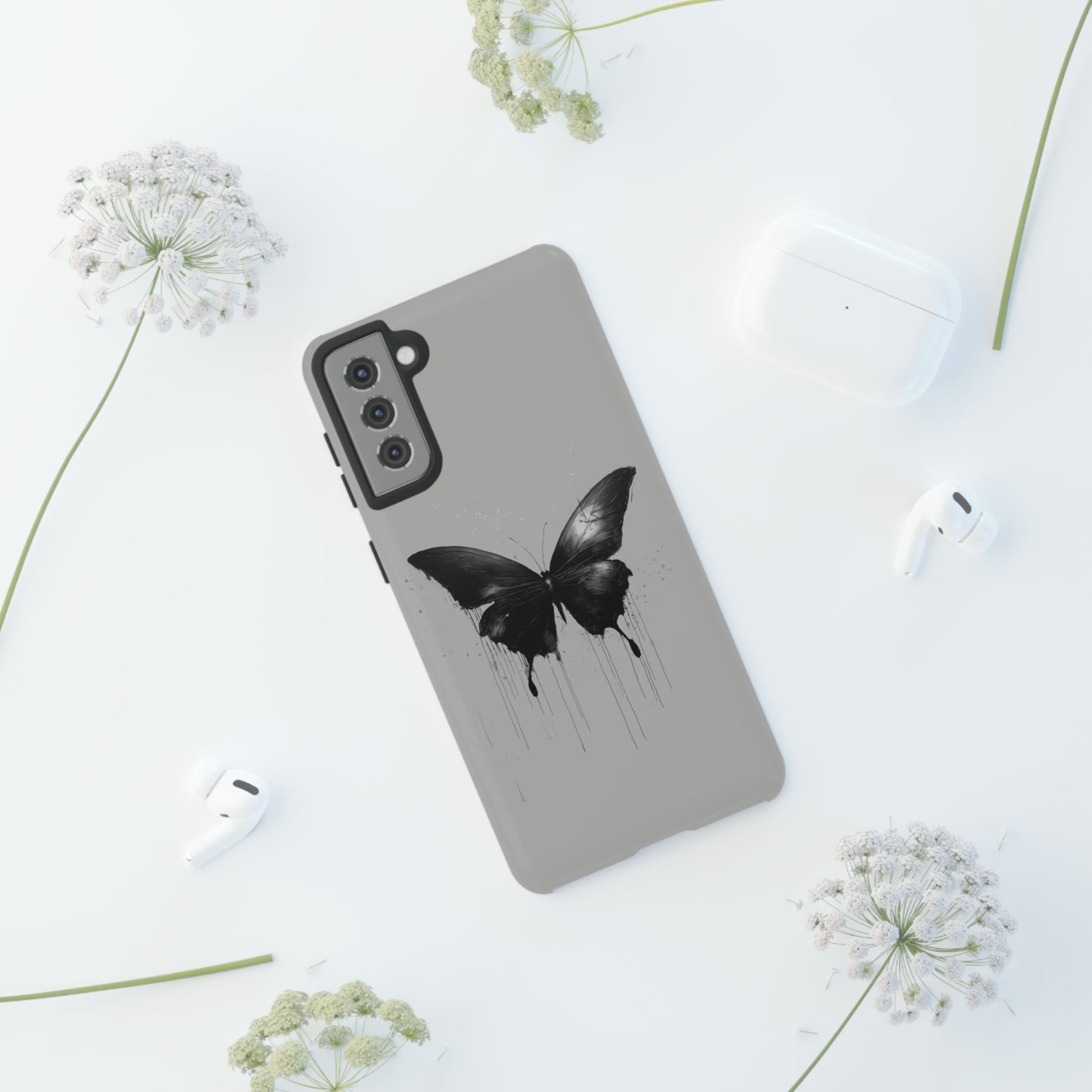 Tough Cases Butterfly Phone Case for various iphone sumsung google models. Grey Dripping Artistic AI Made Cool Artsy Design Dark Style Edgy