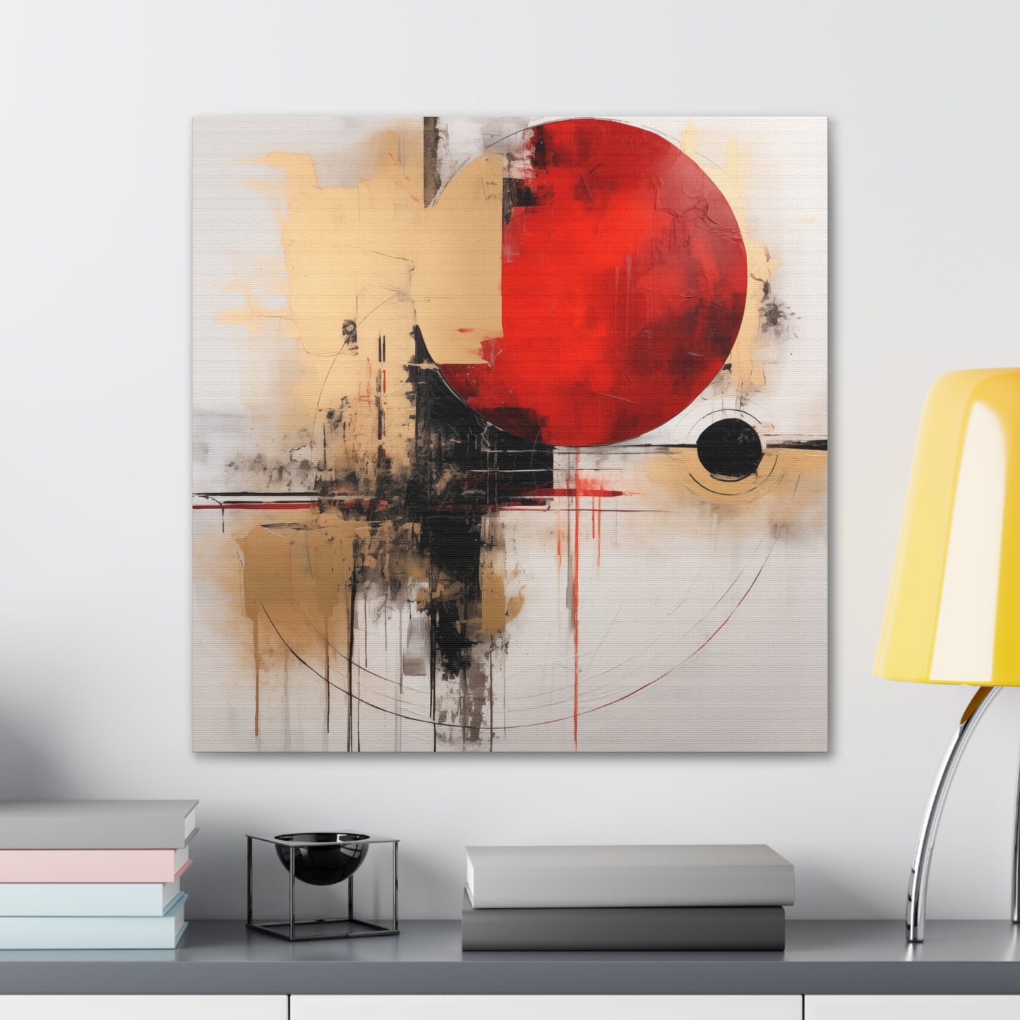 Abstract Wall Art - Black and Gold Red Sun Painting, Canvas Gallery Wraps, Canvas Stretched