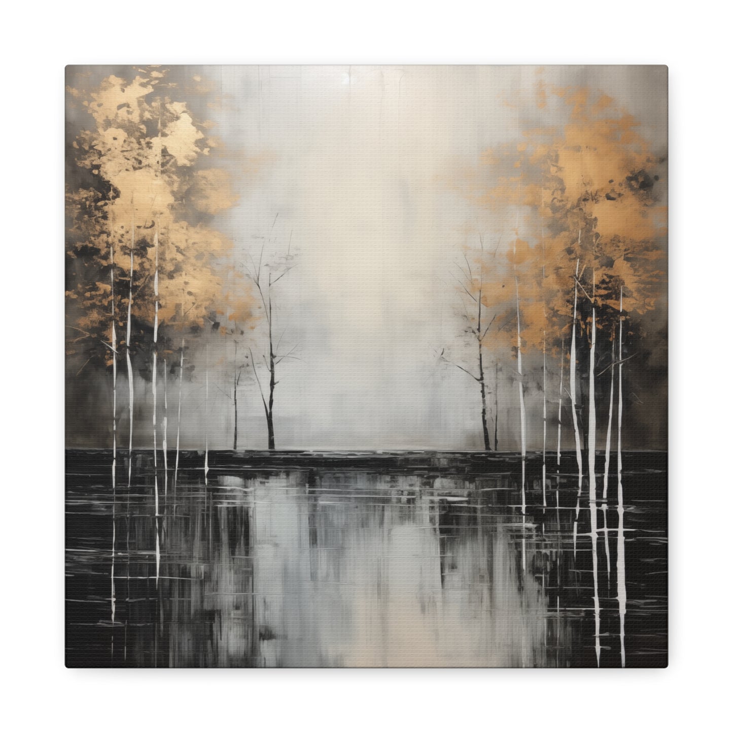 Abstract Wall Art - Black and Gold Painted trees on a river, Canvas Gallery Wraps, Canvas Stretched