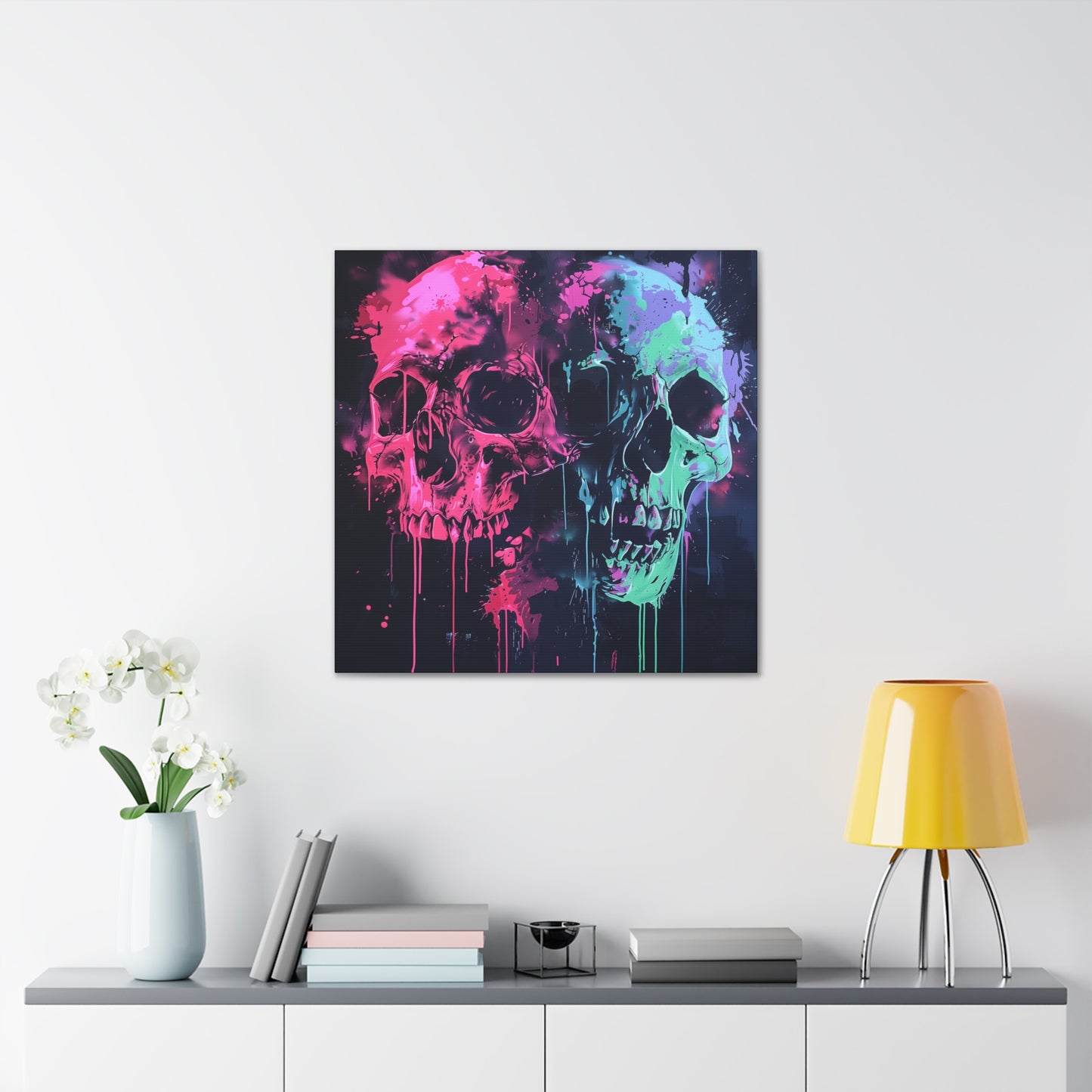 Skull Wall Art - Dripping, Trippy, Watercolor Pink and Blue Skull Painting, Canvas Gallery Wraps, Canvas Stretched His and Hers