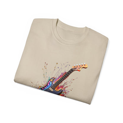 Guitar Exploding Firework of Colors Unisex Ultra Cotton Tee T-shirt Gibson Short Sleeve tshirt Artistic AI Made Cool Design Dark Style Edgy