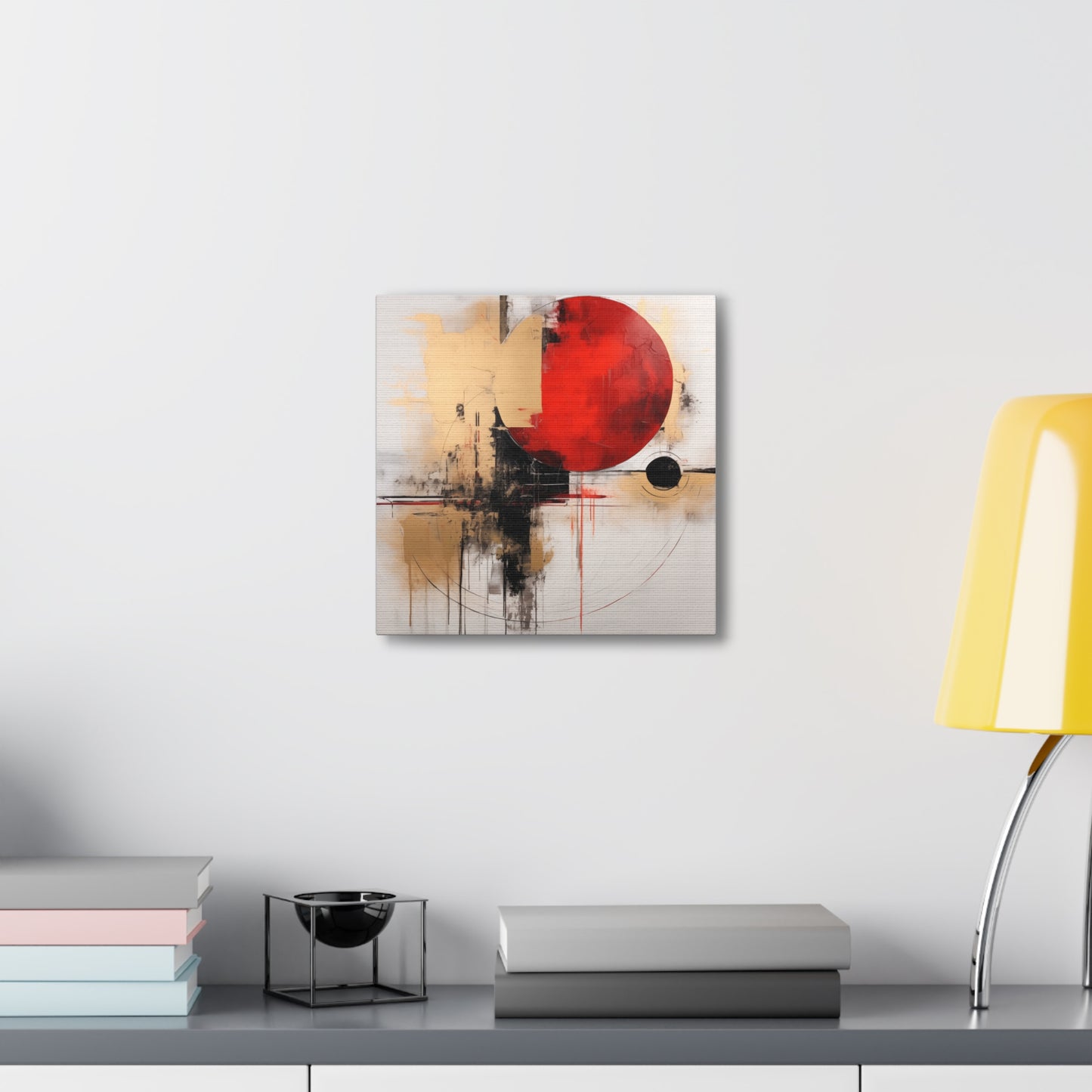 Abstract Wall Art - Black and Gold Red Sun Painting, Canvas Gallery Wraps, Canvas Stretched