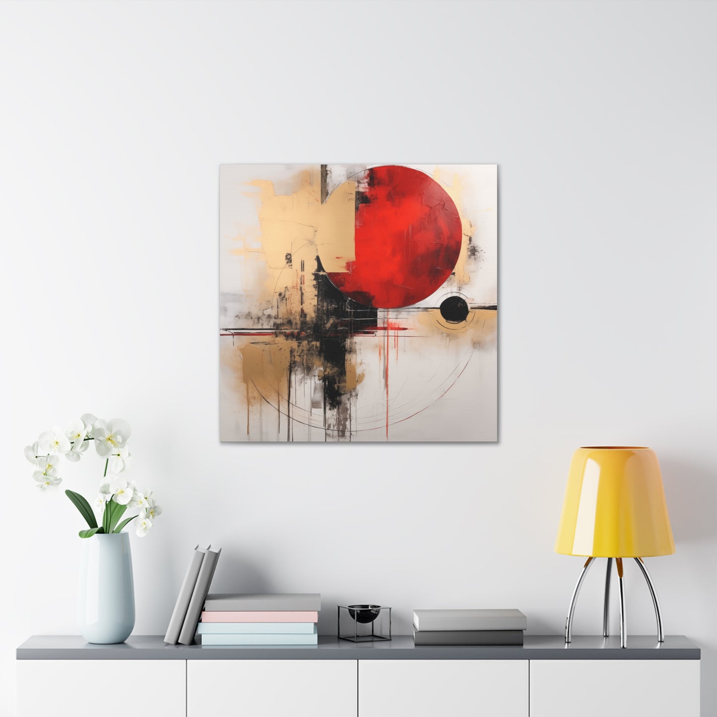 Abstract Wall Art - Black and Gold Red Sun Painting, Canvas Gallery Wraps, Canvas Stretched