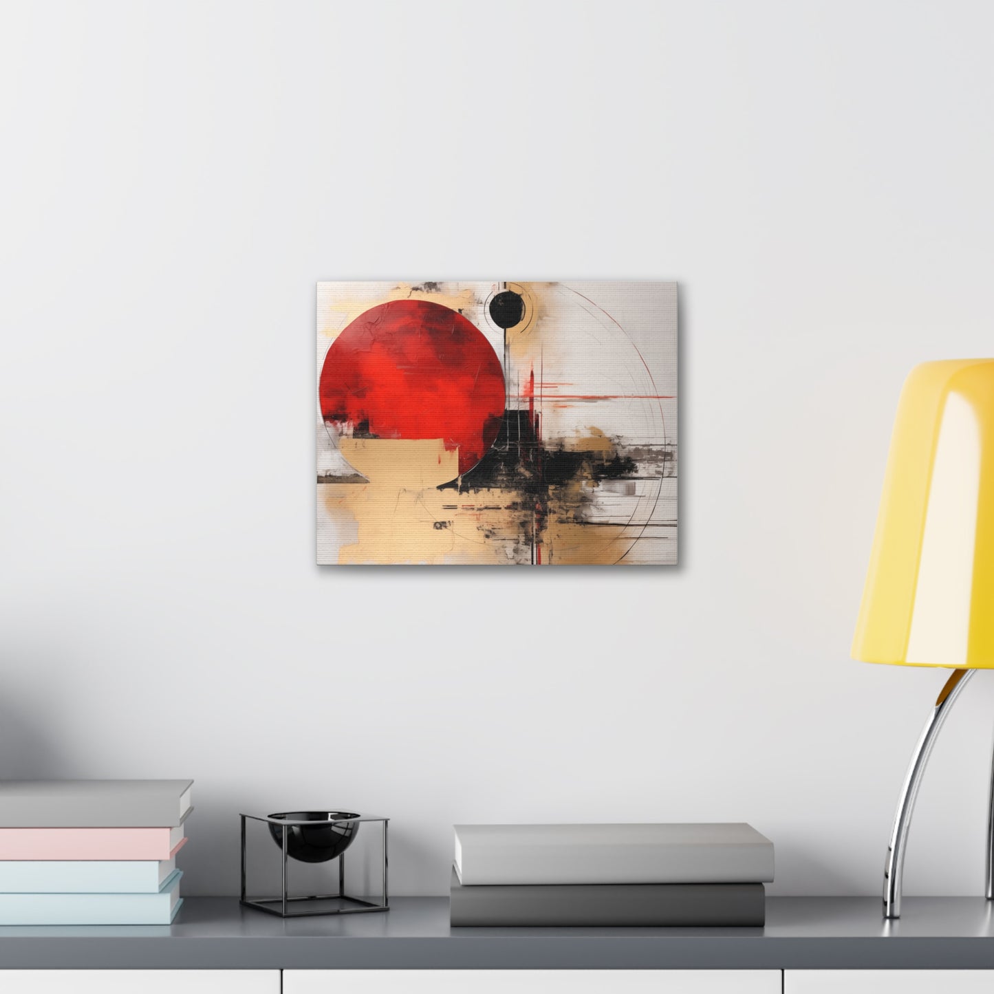 Abstract Wall Art - Black and Gold Red Sun Painting, Canvas Gallery Wraps, Canvas Stretched