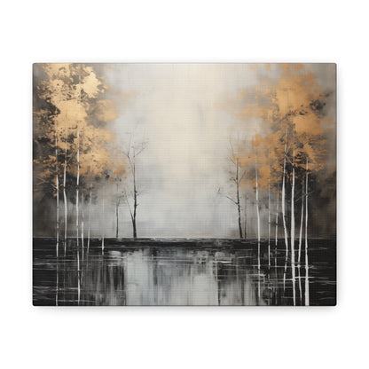 Abstract Wall Art - Black and Gold Painted trees on a river, Canvas Gallery Wraps, Canvas Stretched