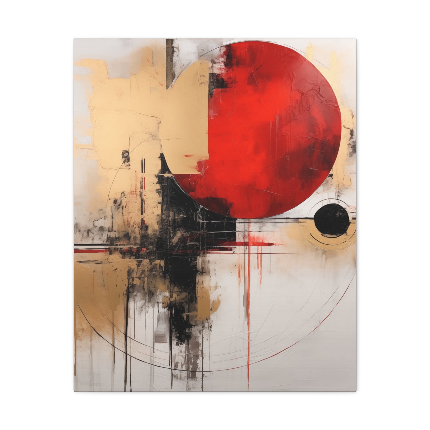 Abstract Wall Art - Black and Gold Red Sun Painting, Canvas Gallery Wraps, Canvas Stretched