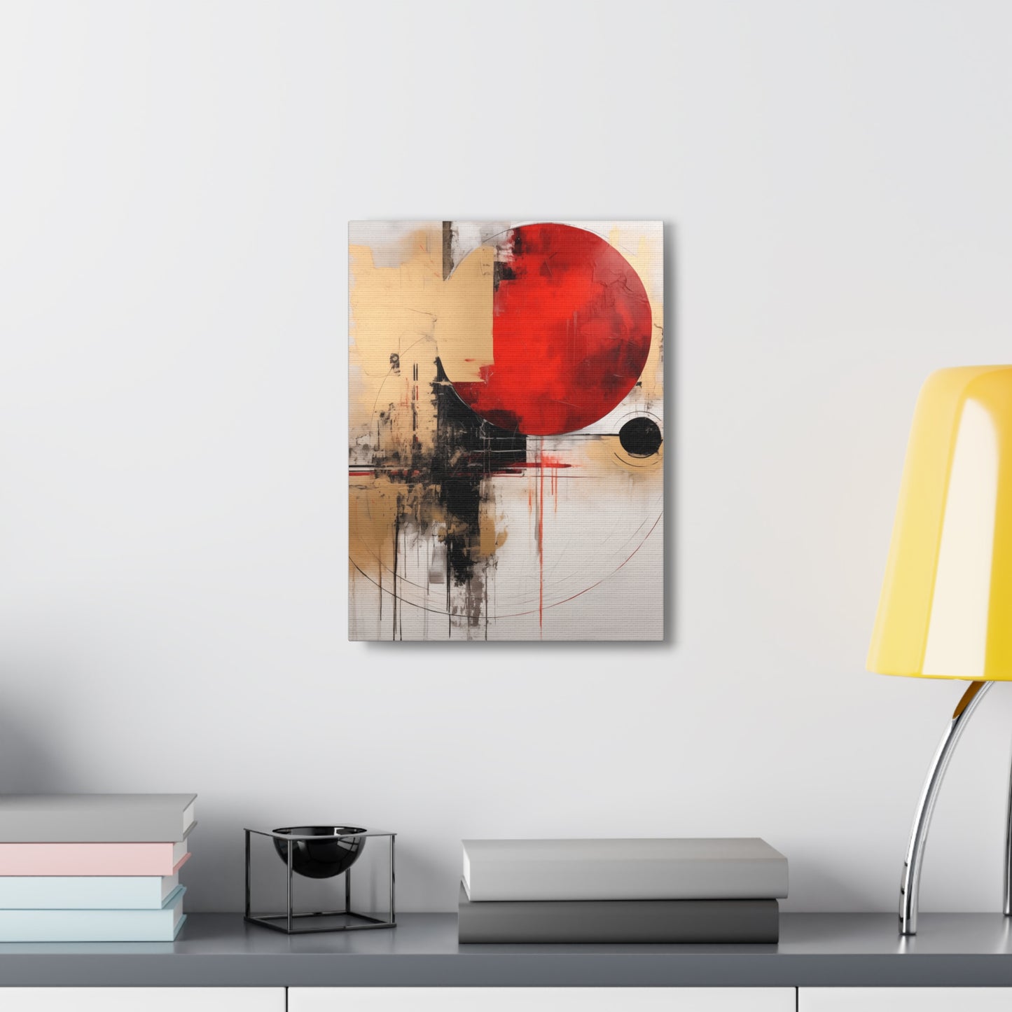 Abstract Wall Art - Black and Gold Red Sun Painting, Canvas Gallery Wraps, Canvas Stretched