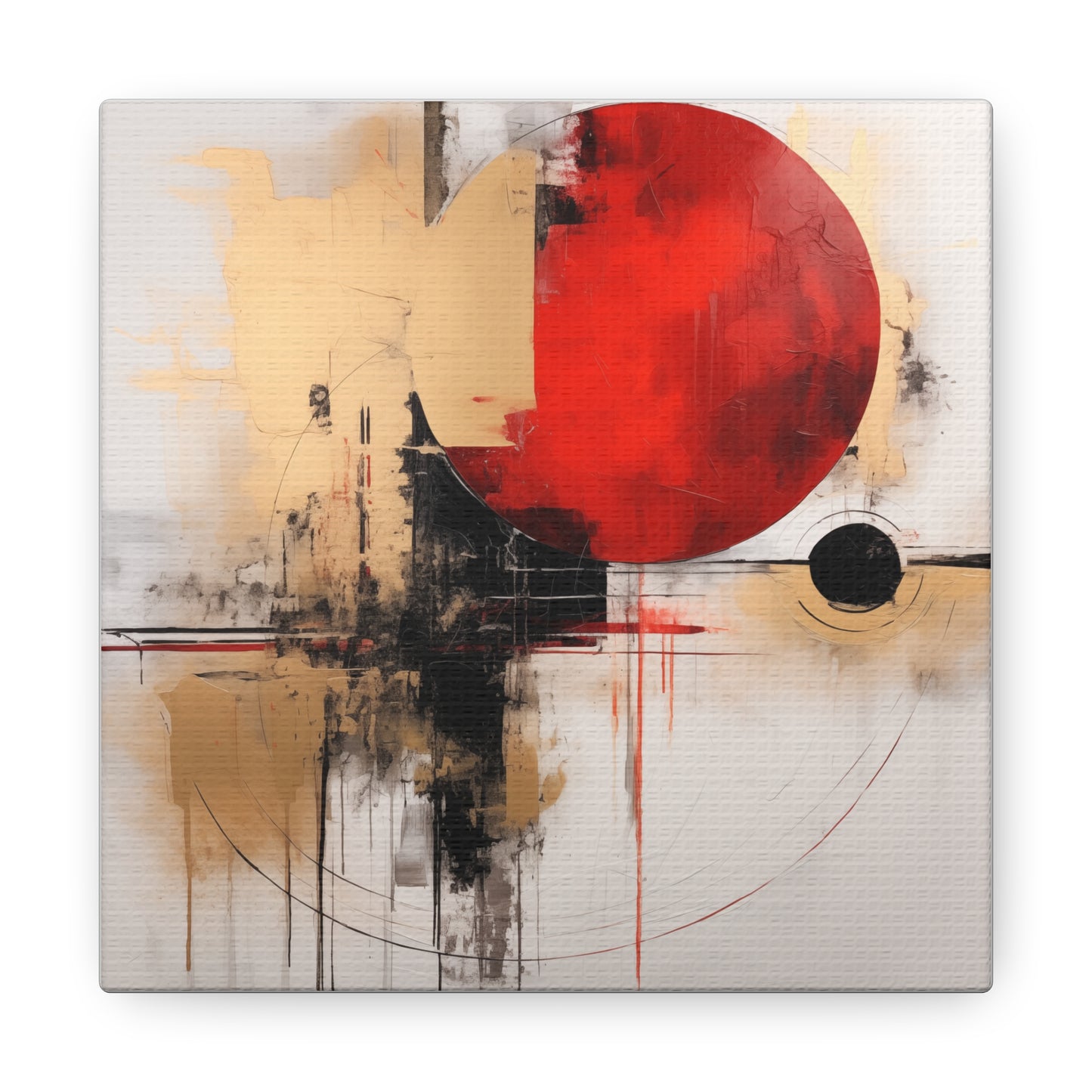 Abstract Wall Art - Black and Gold Red Sun Painting, Canvas Gallery Wraps, Canvas Stretched