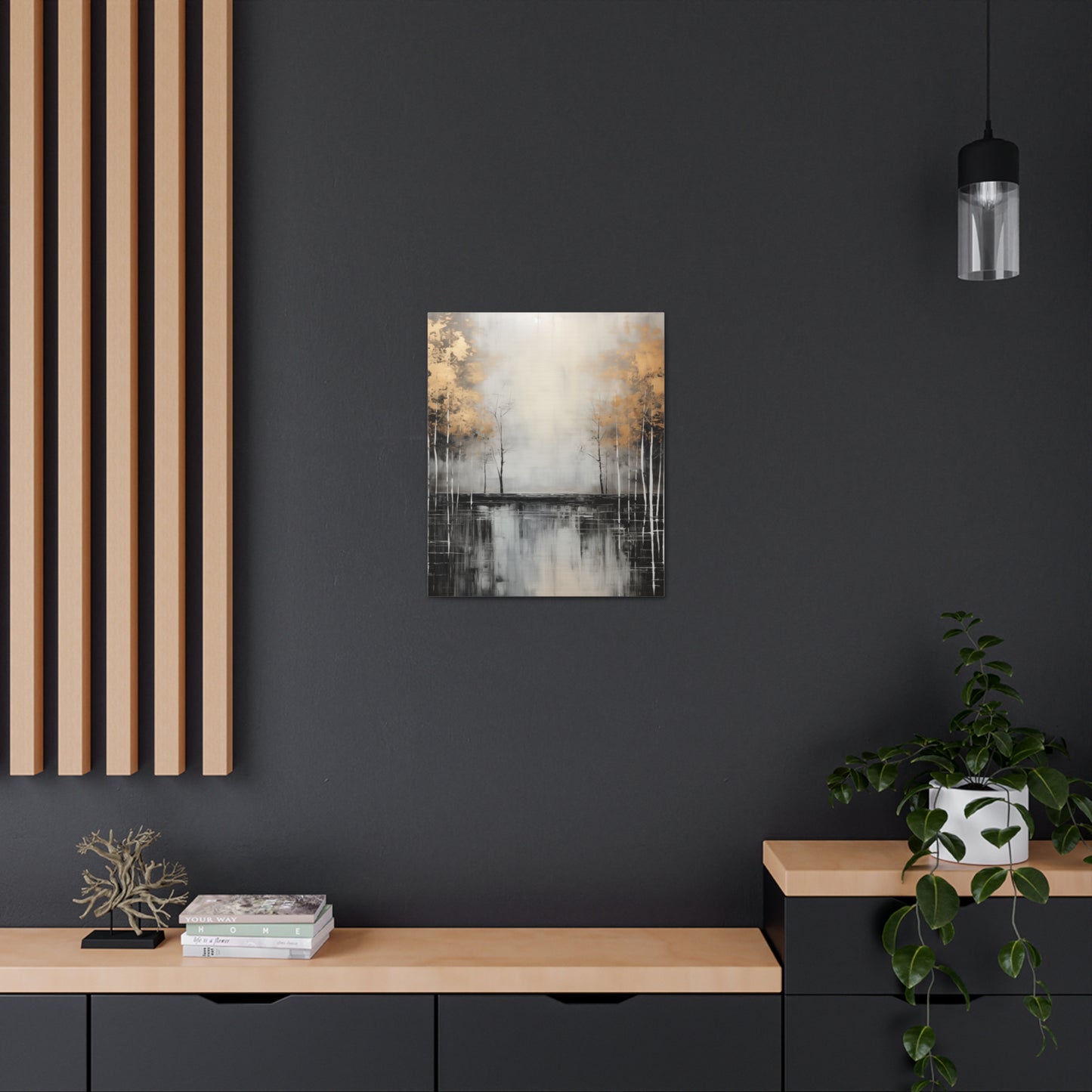 Abstract Wall Art - Black and Gold Painted trees on a river, Canvas Gallery Wraps, Canvas Stretched