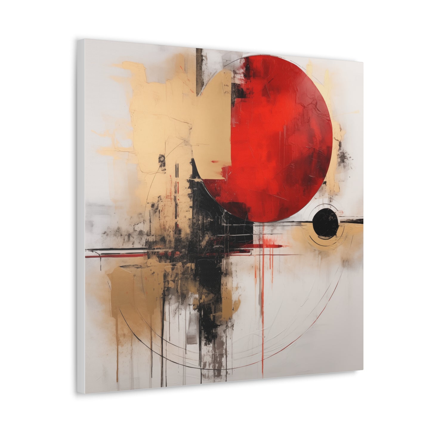 Abstract Wall Art - Black and Gold Red Sun Painting, Canvas Gallery Wraps, Canvas Stretched