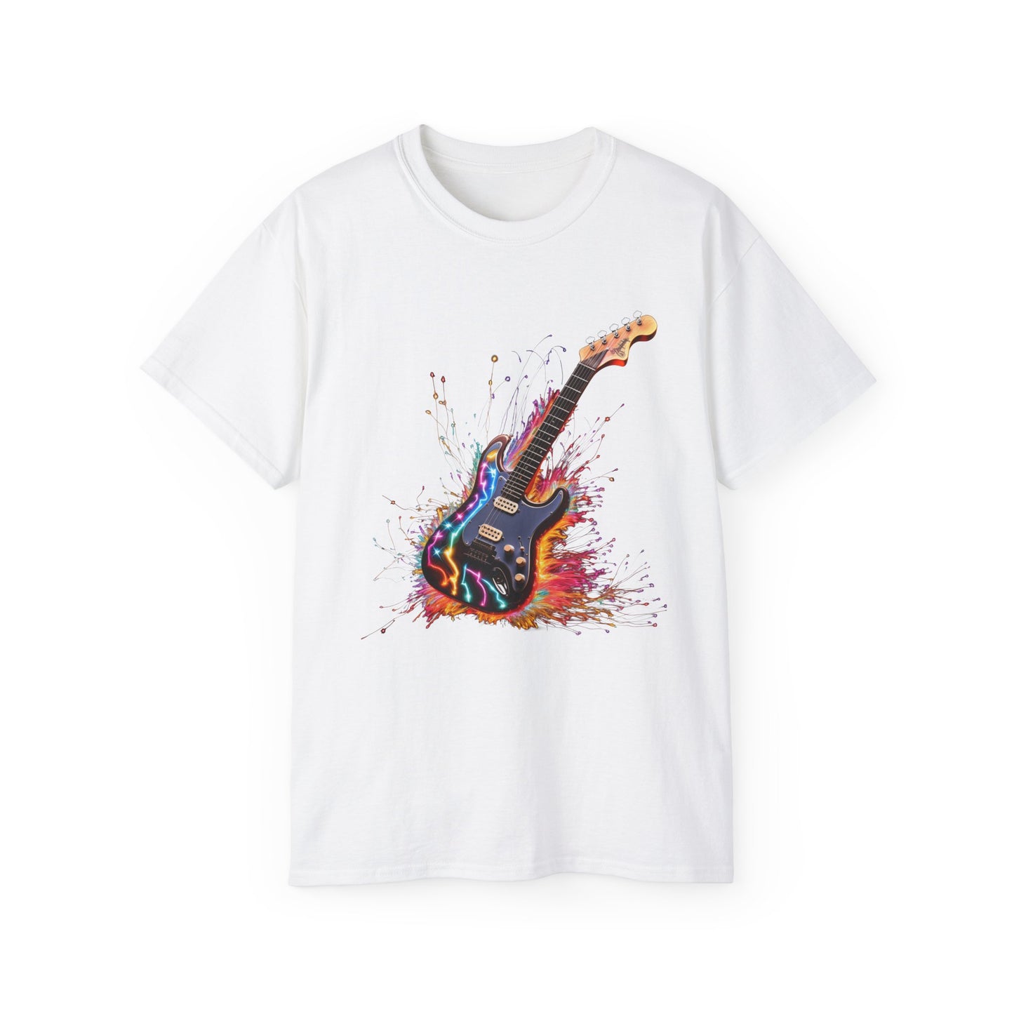 Guitar Exploding Firework of Colors Unisex Ultra Cotton Tee T-shirt Gibson Short Sleeve tshirt Artistic AI Made Cool Design Dark Style Edgy