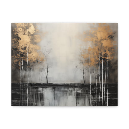 Abstract Wall Art - Black and Gold Painted trees on a river, Canvas Gallery Wraps, Canvas Stretched