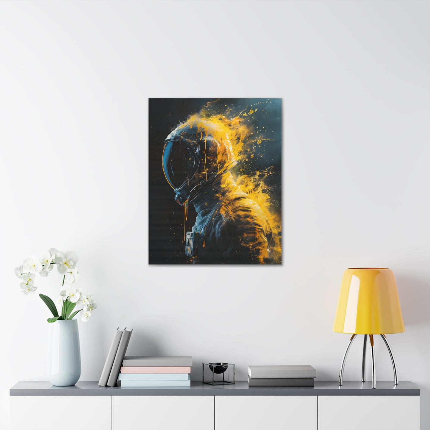 Abstract Wall Art - Black and Gold Spaceman Fire Painting, Canvas Gallery Wraps, Canvas Stretched, Melting Astronaut