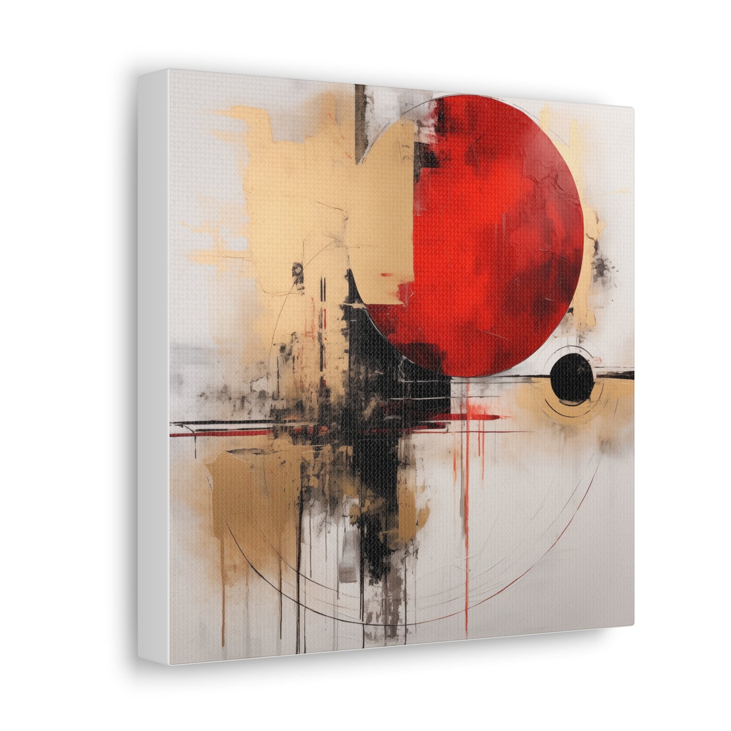 Abstract Wall Art - Black and Gold Red Sun Painting, Canvas Gallery Wraps, Canvas Stretched