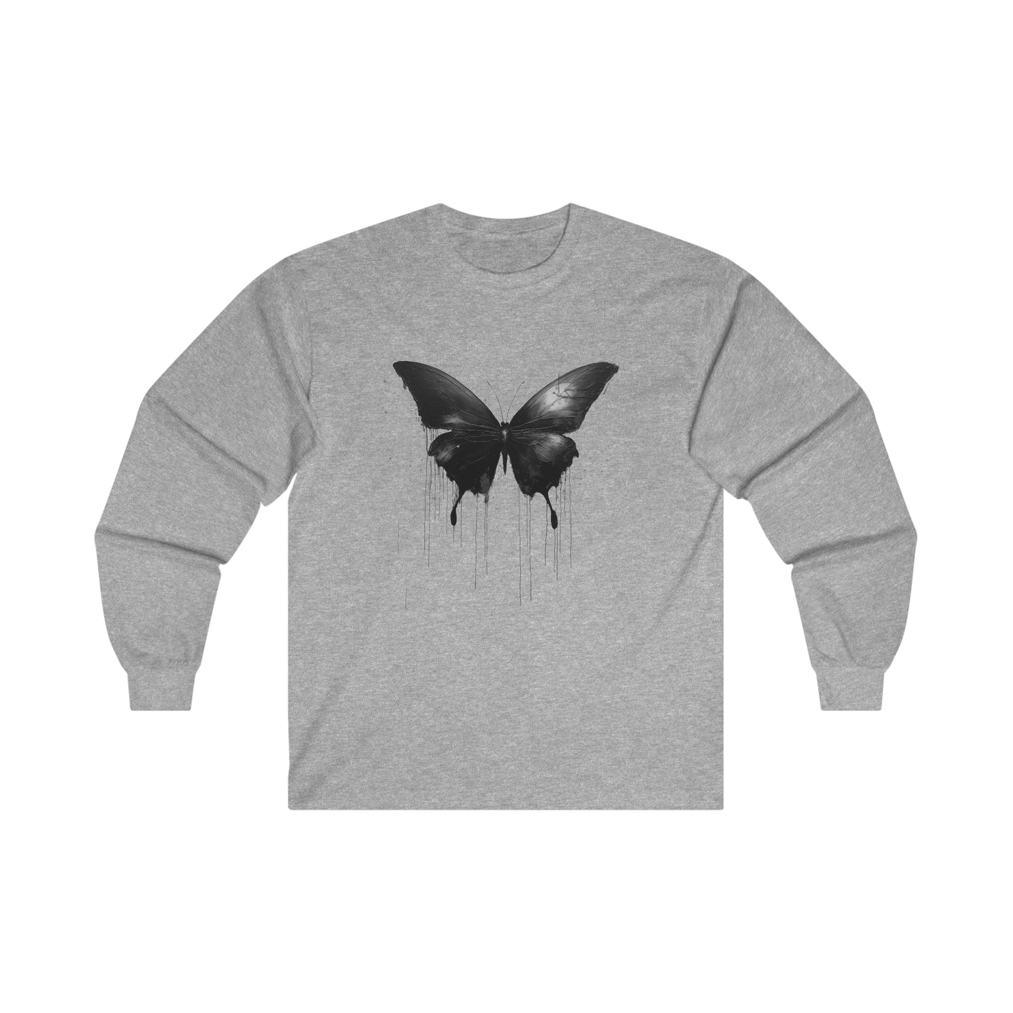 Black Butterfly Trippy Watercolor Unisex Ultra Cotton Long Sleeve Tee, Dripping Sleeved Artistic AI Made Cool Artsy Design Dark Style Edgy