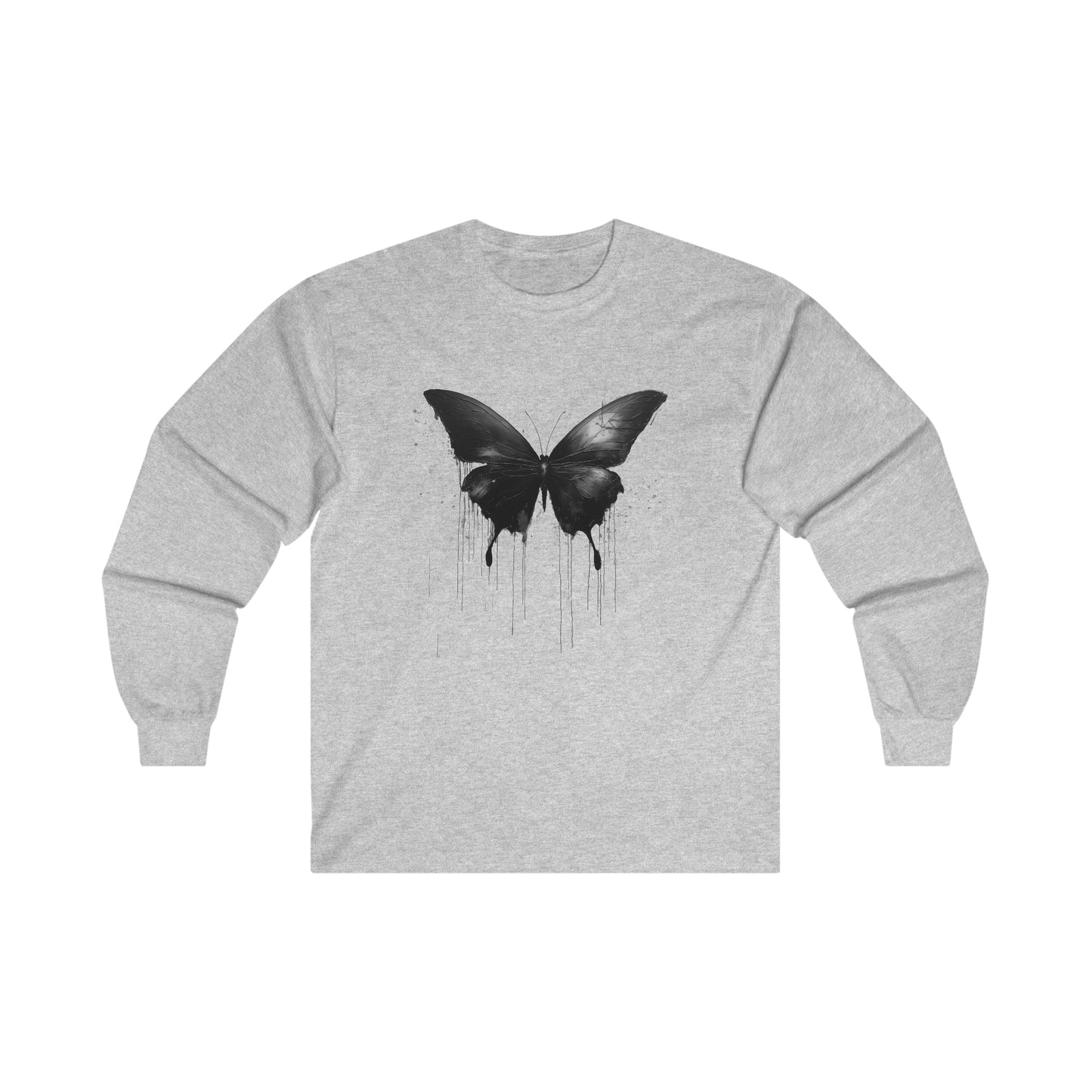 Black Butterfly Trippy Watercolor Unisex Ultra Cotton Long Sleeve Tee, Dripping Sleeved Artistic AI Made Cool Artsy Design Dark Style Edgy