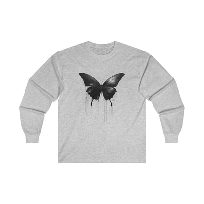 Black Butterfly Trippy Watercolor Unisex Ultra Cotton Long Sleeve Tee, Dripping Sleeved Artistic AI Made Cool Artsy Design Dark Style Edgy