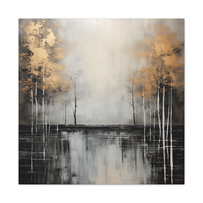 Abstract Wall Art - Black and Gold Painted trees on a river, Canvas Gallery Wraps, Canvas Stretched