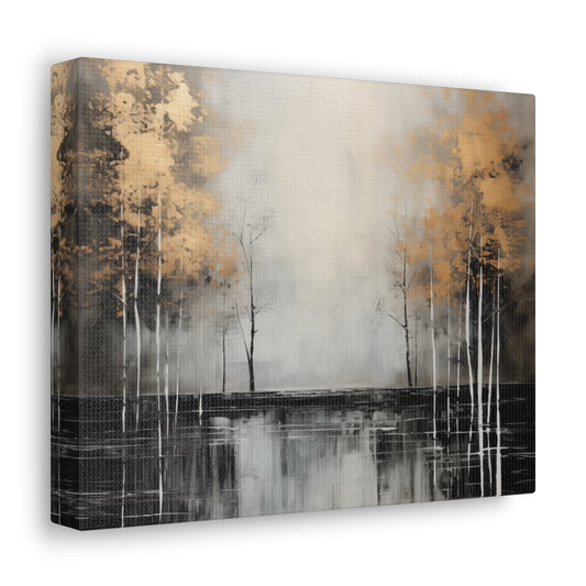 Abstract Wall Art - Black and Gold Painted trees on a river, Canvas Gallery Wraps, Canvas Stretched