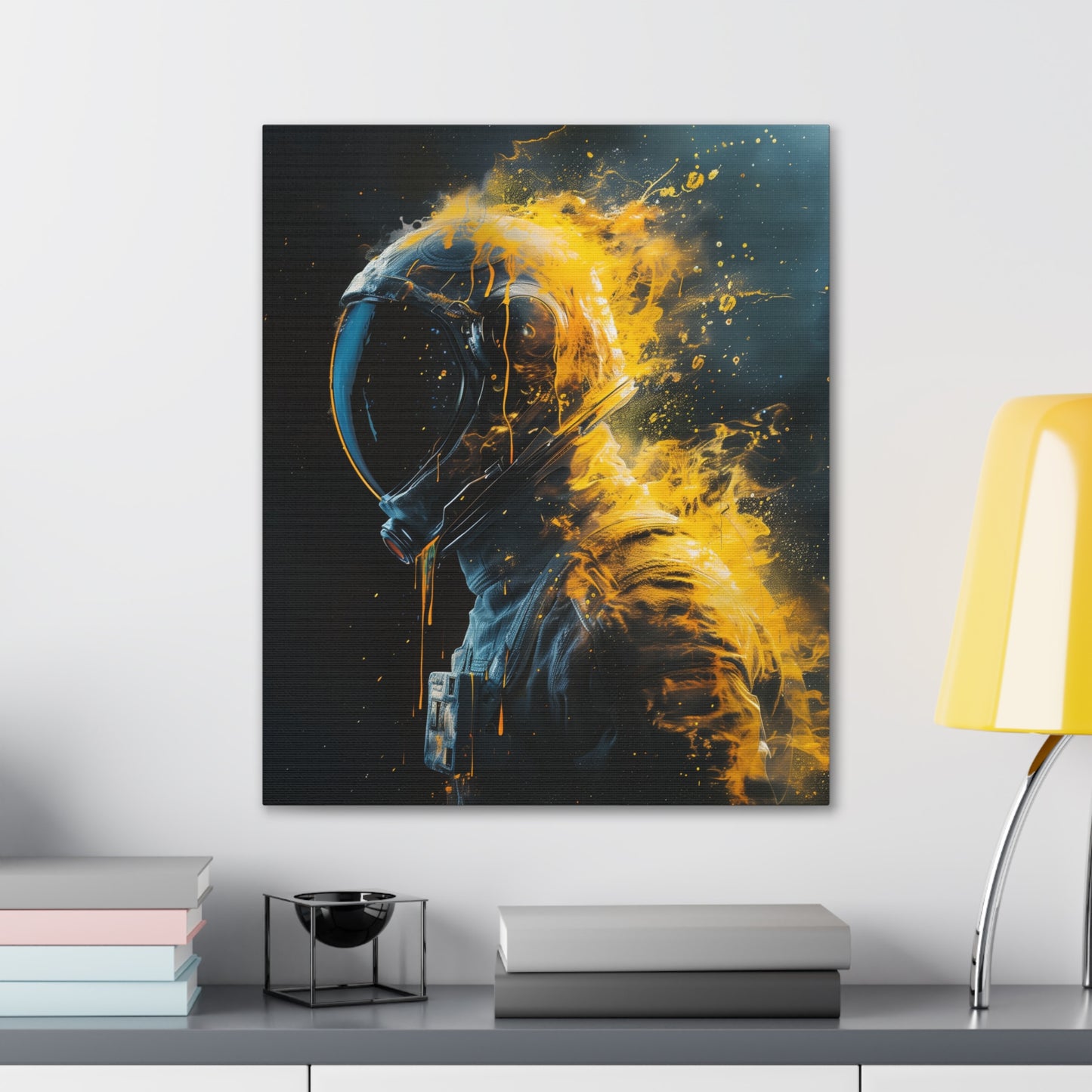 Abstract Wall Art - Black and Gold Spaceman Fire Painting, Canvas Gallery Wraps, Canvas Stretched, Melting Astronaut