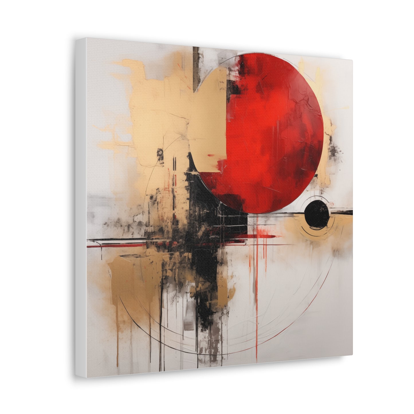 Abstract Wall Art - Black and Gold Red Sun Painting, Canvas Gallery Wraps, Canvas Stretched