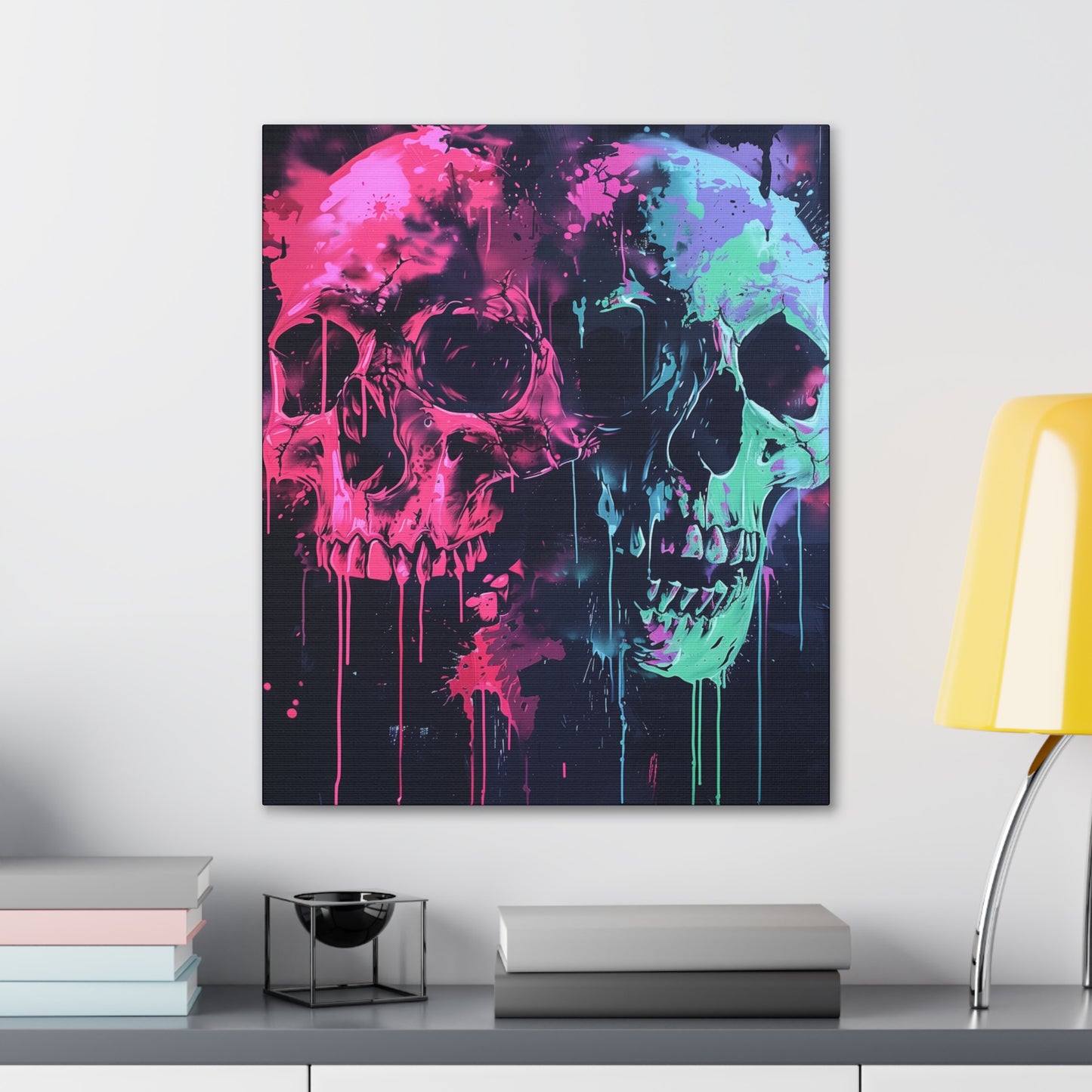 Skull Wall Art - Dripping, Trippy, Watercolor Pink and Blue Skull Painting, Canvas Gallery Wraps, Canvas Stretched His and Hers