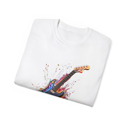 Guitar Exploding Firework of Colors Unisex Ultra Cotton Tee T-shirt Gibson Short Sleeve tshirt Artistic AI Made Cool Design Dark Style Edgy