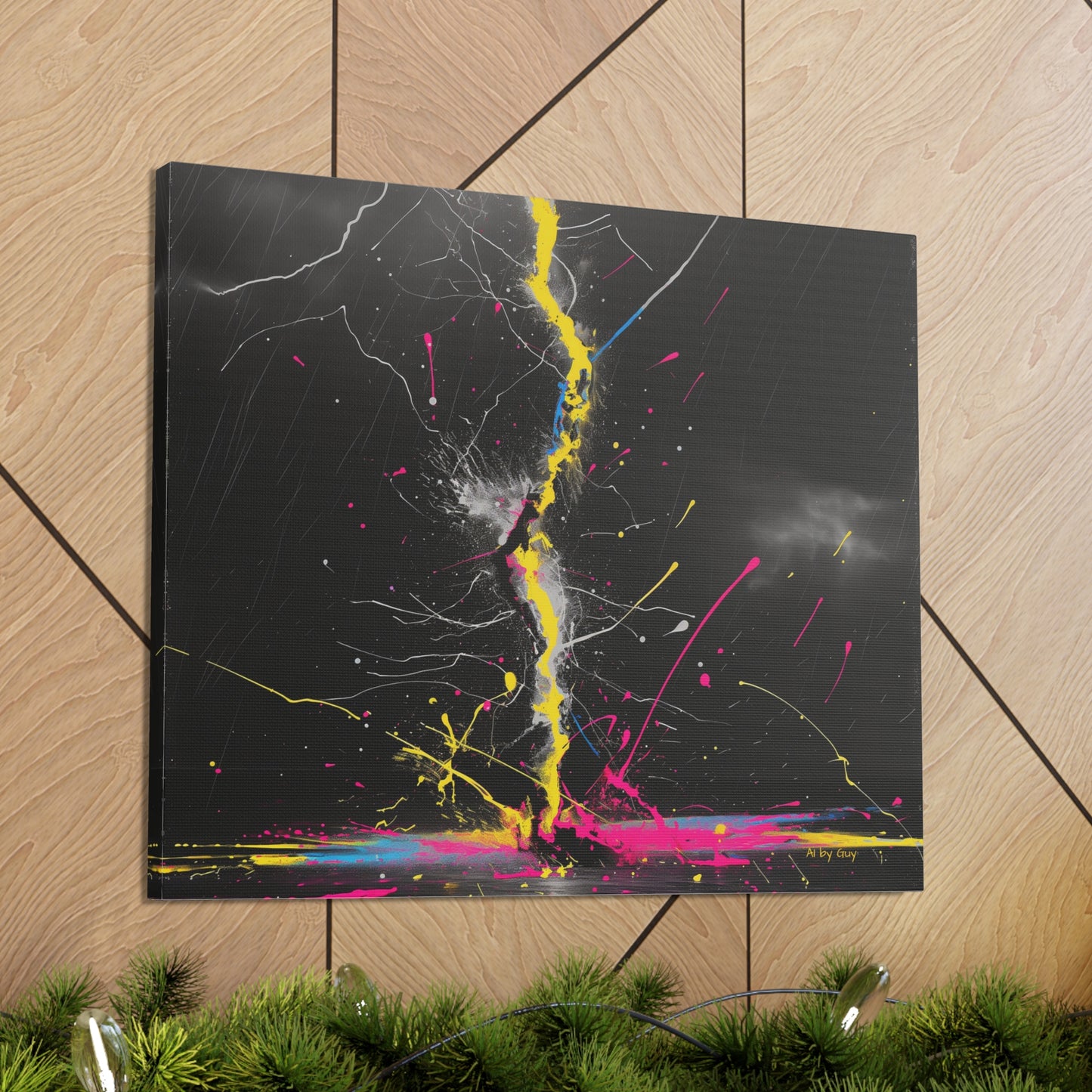 Neon Lightning Bolt Abstract Wall Art - Colorful Paint Splatter, Canvas Explosion Vivid Painting, Canvas Gallery Wraps, Canvas Stretched