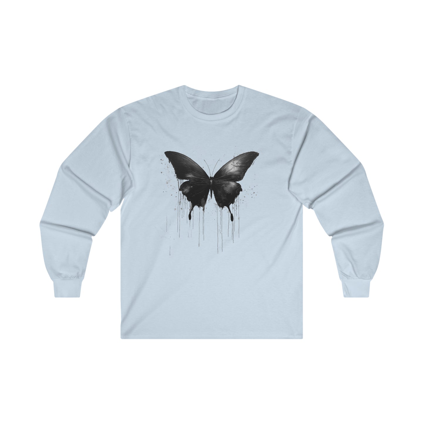 Black Butterfly Trippy Watercolor Unisex Ultra Cotton Long Sleeve Tee, Dripping Sleeved Artistic AI Made Cool Artsy Design Dark Style Edgy