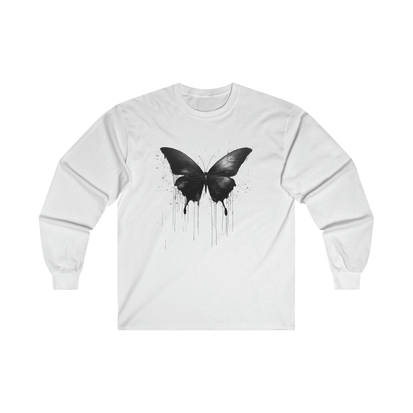 Black Butterfly Trippy Watercolor Unisex Ultra Cotton Long Sleeve Tee, Dripping Sleeved Artistic AI Made Cool Artsy Design Dark Style Edgy