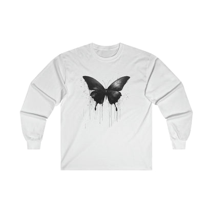 Black Butterfly Trippy Watercolor Unisex Ultra Cotton Long Sleeve Tee, Dripping Sleeved Artistic AI Made Cool Artsy Design Dark Style Edgy