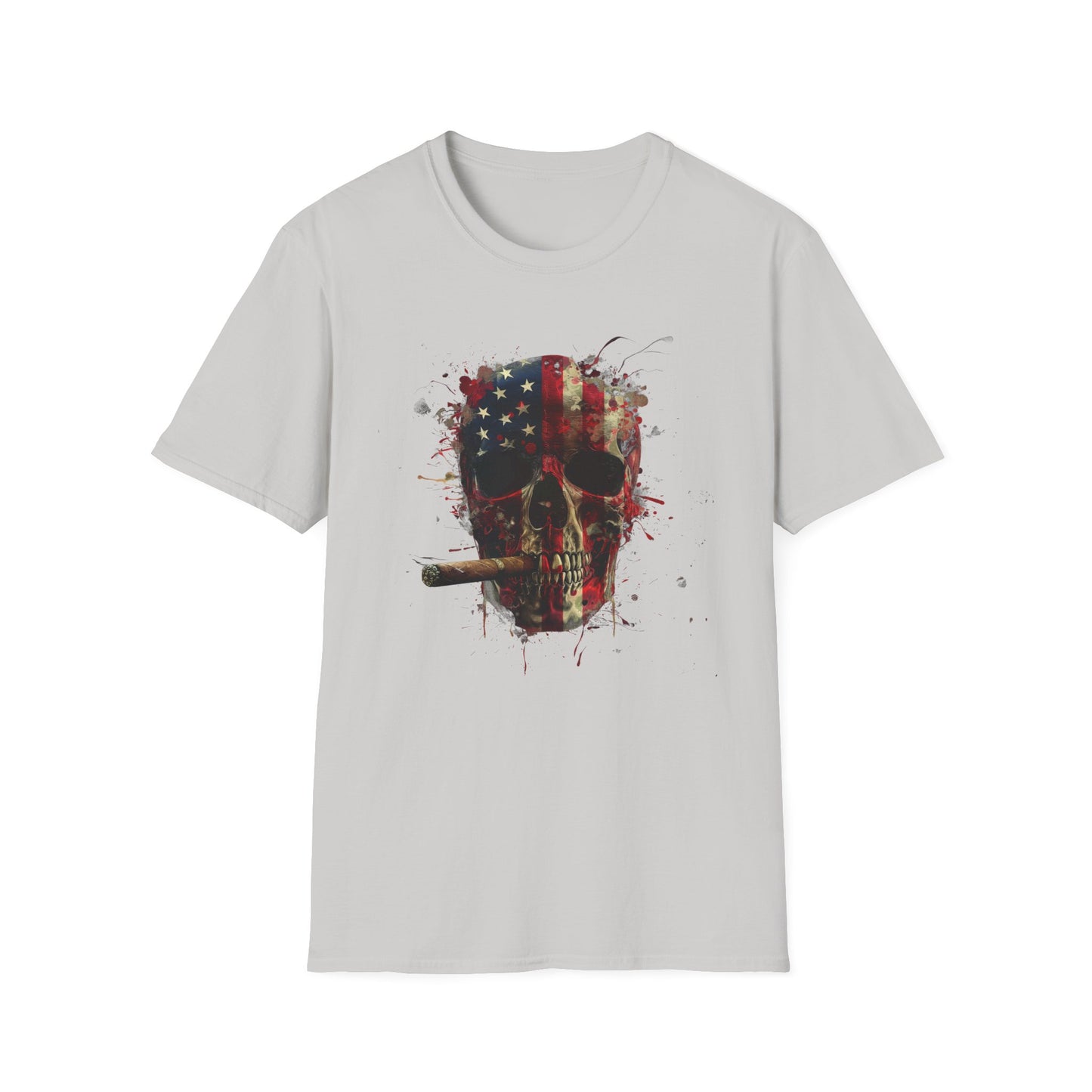American Skull Smoking Cigar, Unisex Softstyle T-Shirt, 4th of July tee, America, Cigar, Smoke, Patriotic shirt