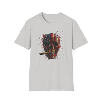 American Skull Smoking Cigar, Unisex Softstyle T-Shirt, 4th of July tee, America, Whiskey Tee