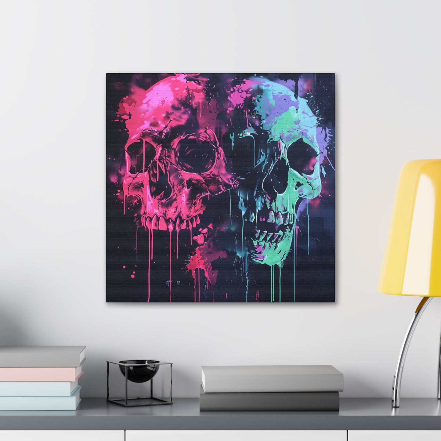 Skull Wall Art - Dripping, Trippy, Watercolor Pink and Blue Skull Painting, Canvas Gallery Wraps, Canvas Stretched His and Hers