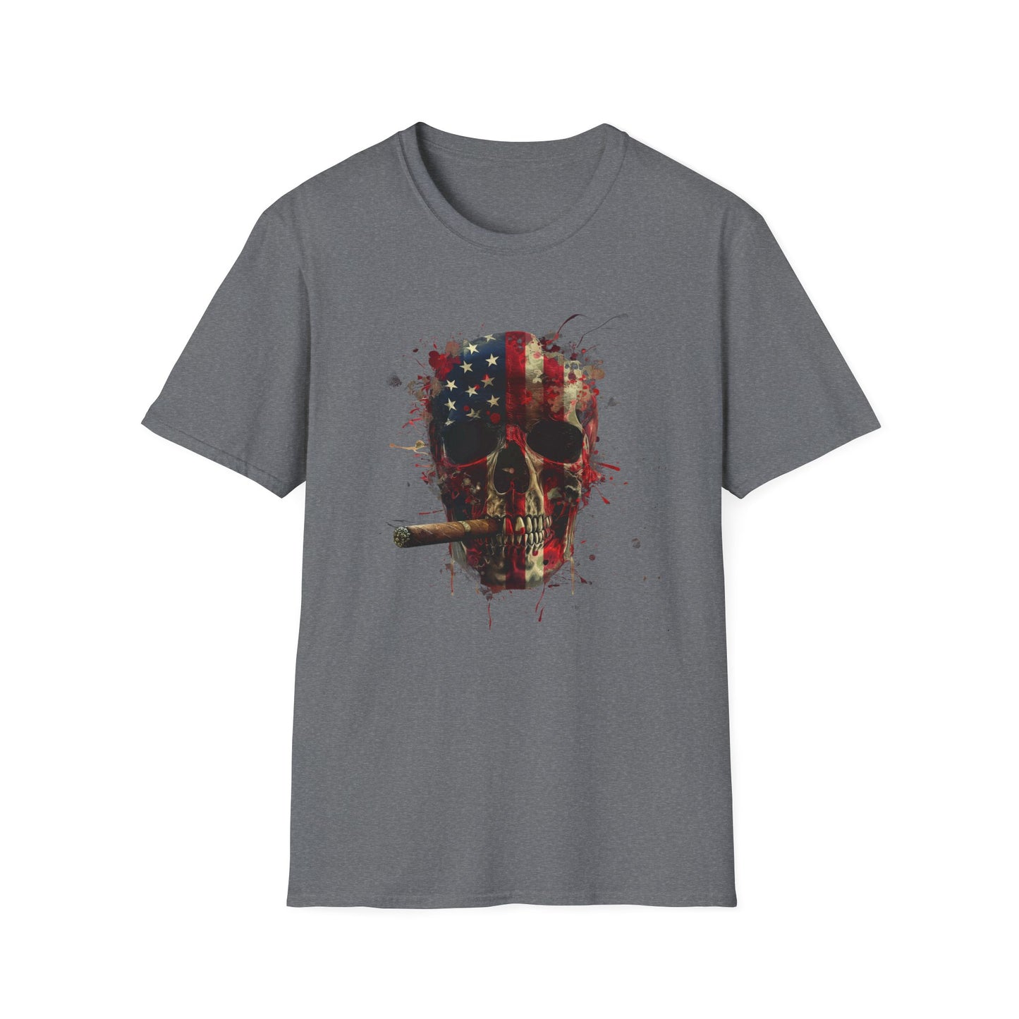 American Skull Smoking Cigar, Unisex Softstyle T-Shirt, 4th of July tee, America, Cigar, Smoke, Patriotic shirt