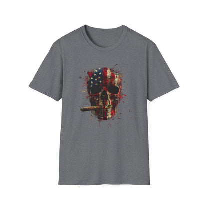 American Skull Smoking Cigar, Unisex Softstyle T-Shirt, 4th of July tee, America, Whiskey Tee