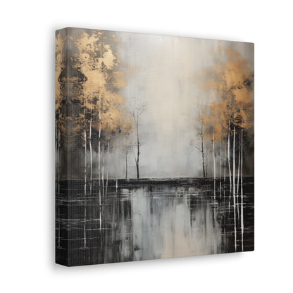 Abstract Wall Art - Black and Gold Painted trees on a river, Canvas Gallery Wraps, Canvas Stretched