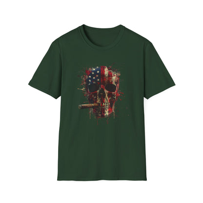 American Skull Smoking Cigar, Unisex Softstyle T-Shirt, 4th of July tee, America, Whiskey Tee