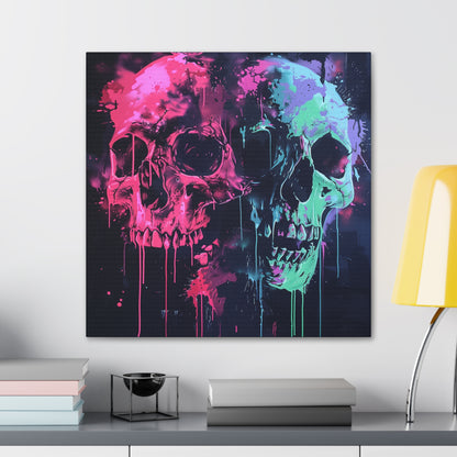 Skull Wall Art - Dripping, Trippy, Watercolor Pink and Blue Skull Painting, Canvas Gallery Wraps, Canvas Stretched His and Hers