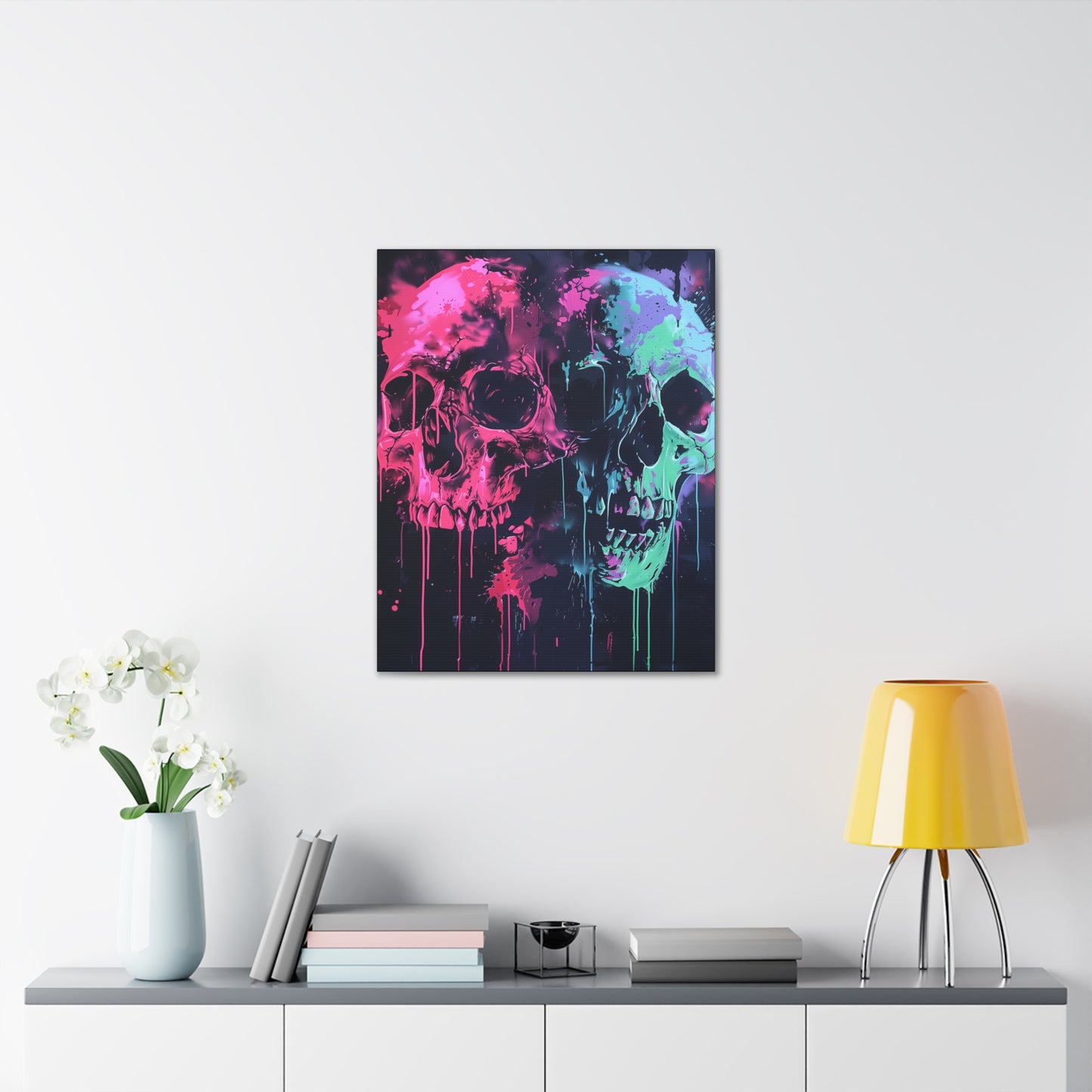 Skull Wall Art - Dripping, Trippy, Watercolor Pink and Blue Skull Painting, Canvas Gallery Wraps, Canvas Stretched His and Hers