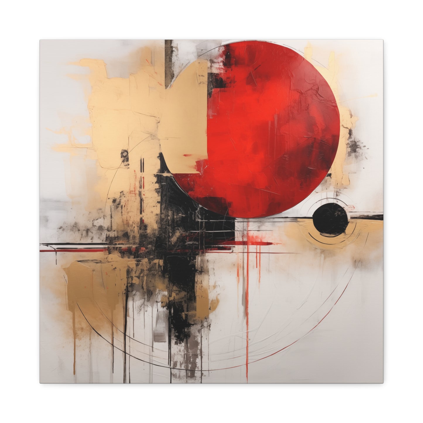 Abstract Wall Art - Black and Gold Red Sun Painting, Canvas Gallery Wraps, Canvas Stretched