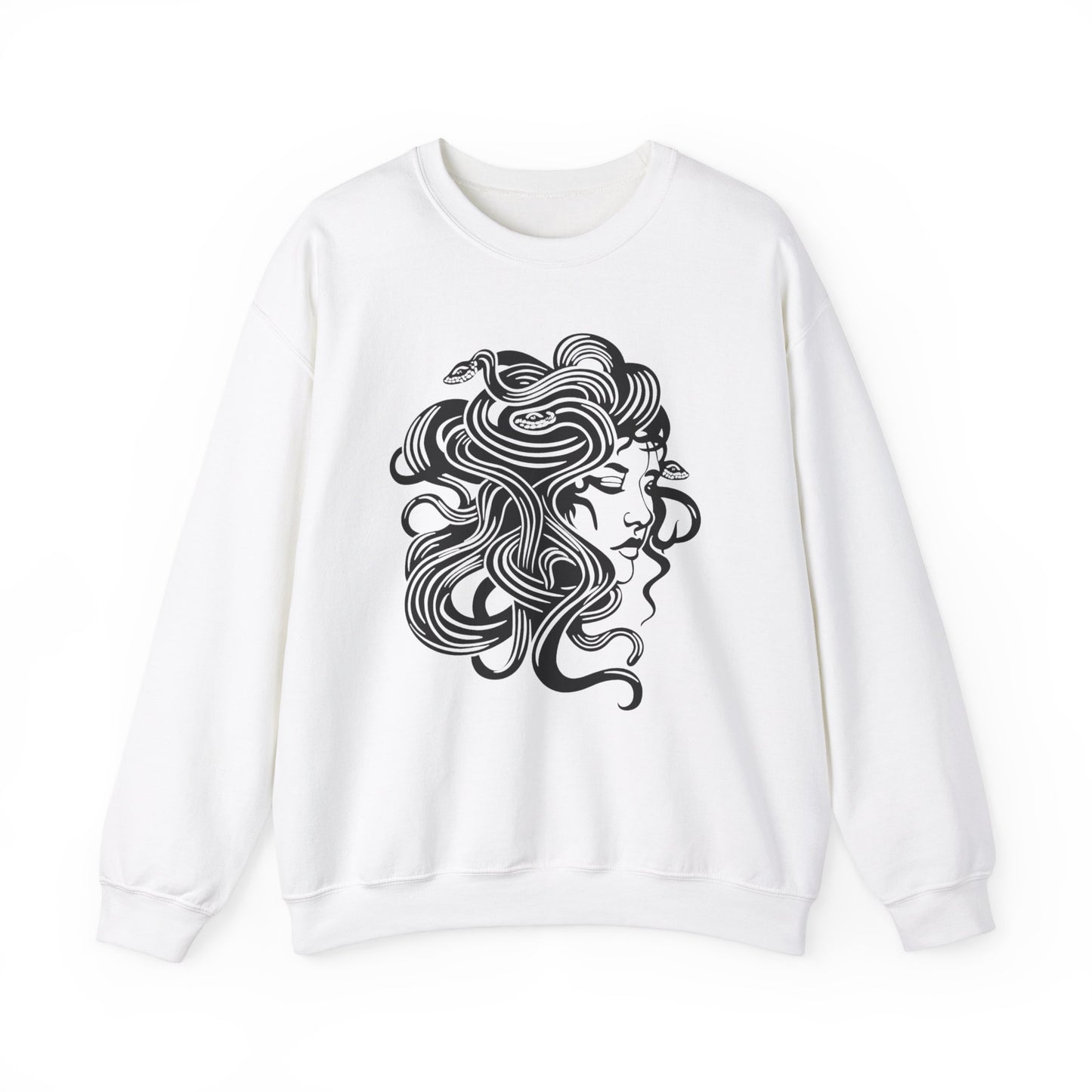 Medusa Women's Crewneck Sweatshirt - Minimalistic Print, AI Made Cool Artsy Design, Dark Style Edgy, Long Sleeve Medusa Snake Design